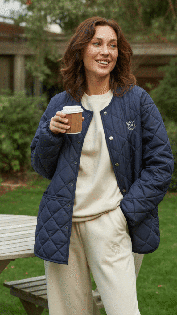 30 Trendy DTI Self Care Sunday Outfit Ideas for Women 19 Quilted Jacket Over Loungewear