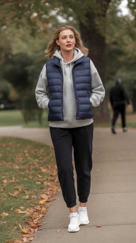 25 Casual Winter Outfits for Women That Are Cute and Comfy 6 Quilted Vest Over Hoodie with Joggers and Sneakers