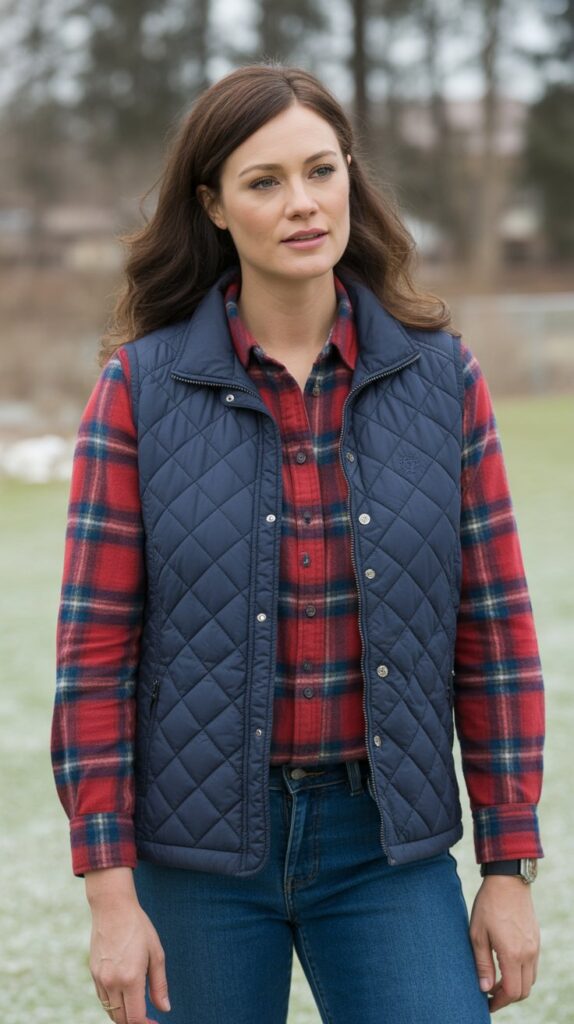40 Winter Outfit Ideas for Women to Stay Warm and Stylish 7 Quilted Vest over Flannel Shirt and Jeans