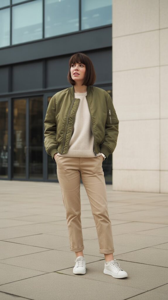 25 Casual Winter Outfits for Women That Are Cute and Comfy 16 Bomber Jacket with Sweater, Chinos, and White Sneakers