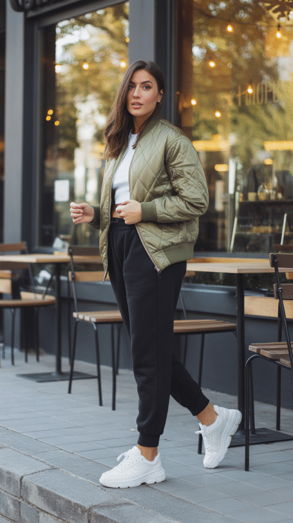 Quilted Jacket with Joggers and Sneakers