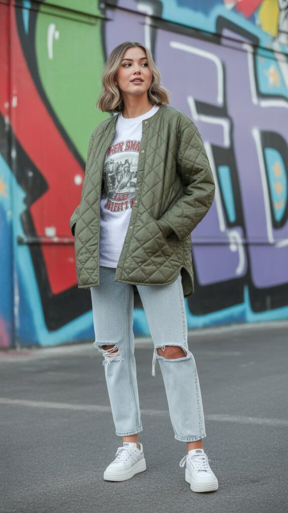 25 Casual Winter Outfits for Women That Are Cute and Comfy 10 Shacket with Graphic Tee, Ripped Jeans, and Platform Sneakers