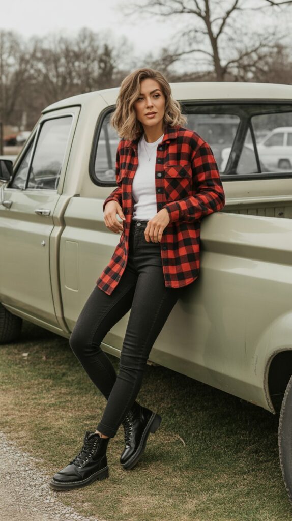 25 Casual Winter Outfits for Women That Are Cute and Comfy 4 Flannel Shirt with White Tee, Black Jeans, and Combat Boots