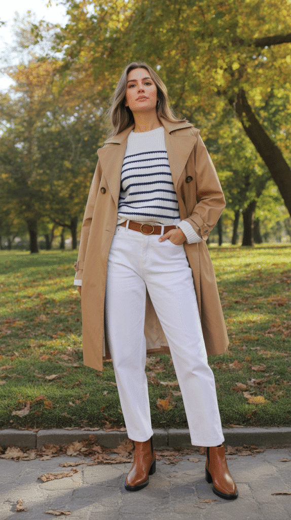 32 Casual Fall Outfits for Women with Jeans 10 White Jeans with Navy Striped Sweater