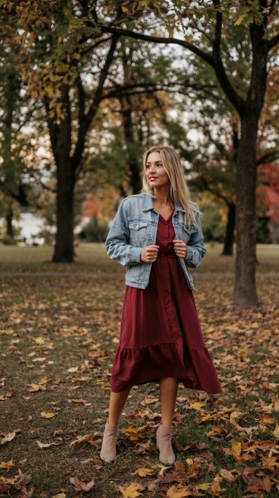 32 Casual Night-Out Fall Outfits for Women 4 Denim Jacket Layered Over Midi Dress