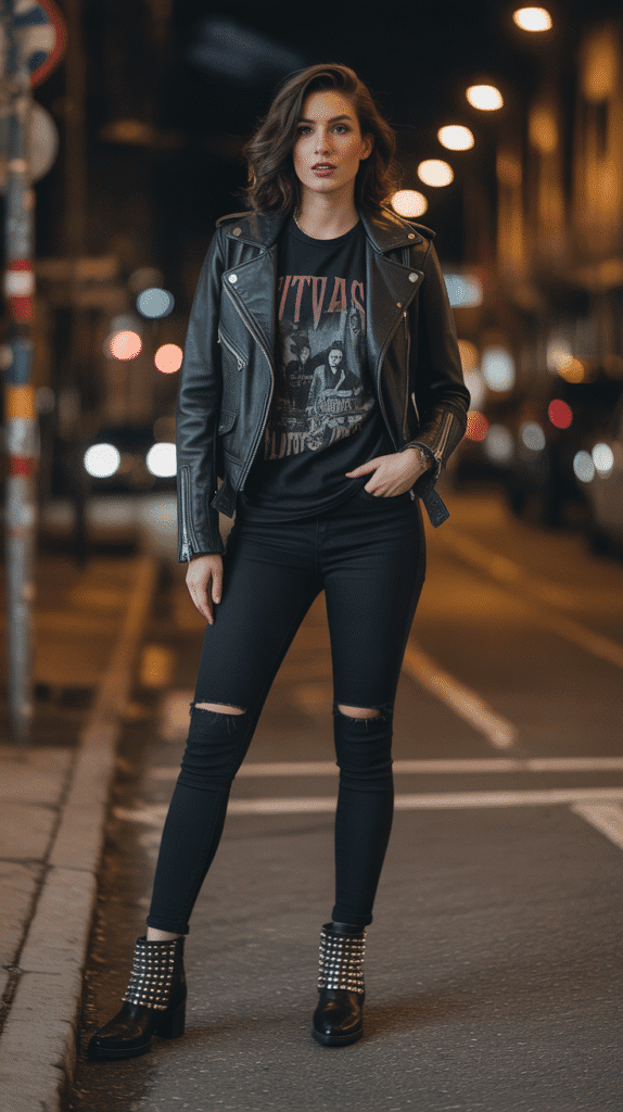 32 Casual Fall Outfits for Women with Jeans 11 Black Jeans with Leather Jacket and Band Tee