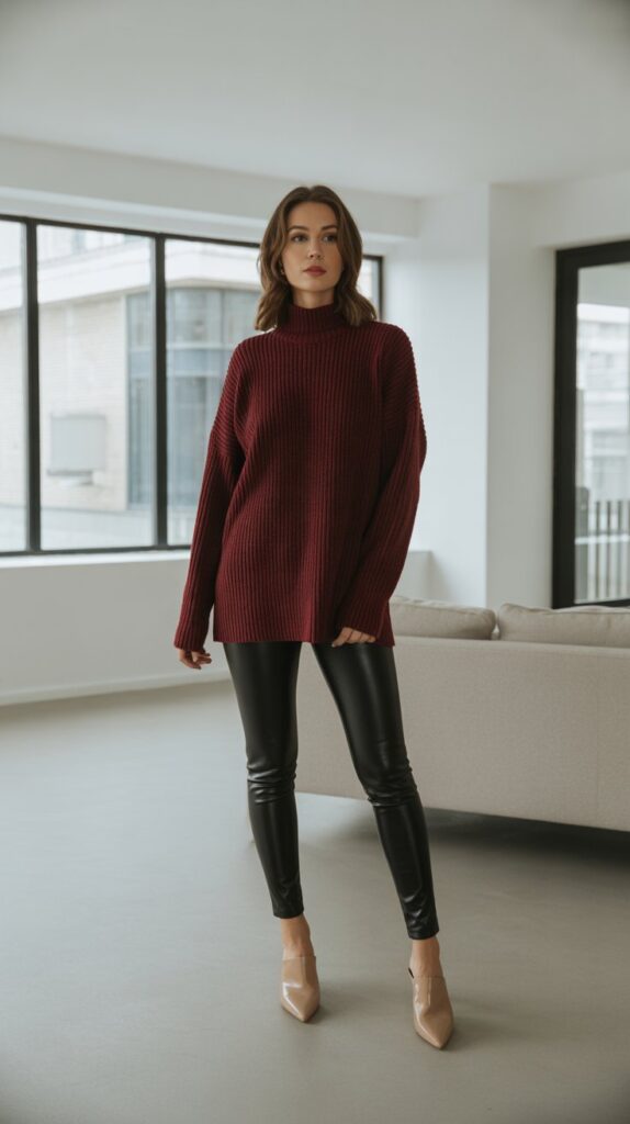25 Casual Winter Outfits for Women That Are Cute and Comfy 9 Mock Neck Sweater with Leather Leggings and Mules