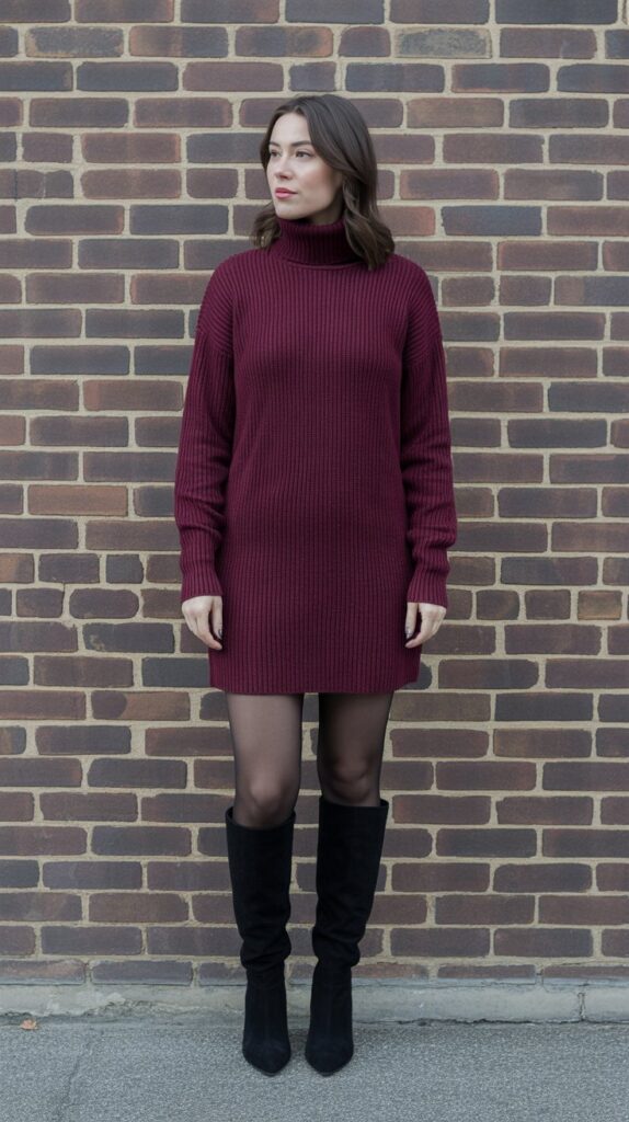25 Casual Winter Outfits for Women That Are Cute and Comfy 3 Turtleneck Sweater Dress with Tights and Knee-High Boots