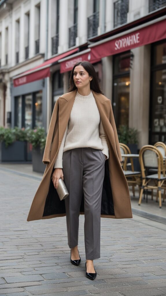 25 Casual Winter Outfits for Women That Are Cute and Comfy 11 Wrap Coat with Sweater, Straight-Leg Trousers, and Flats