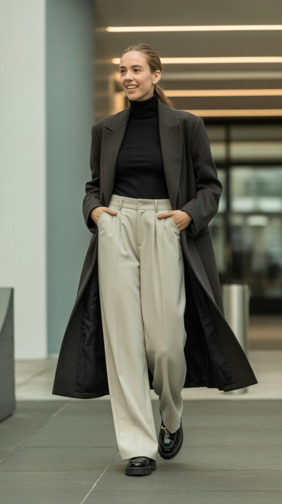 25 Casual Winter Outfits for Women That Are Cute and Comfy 21 Longline Blazer with Turtleneck, Wide-Leg Pants, and Loafers