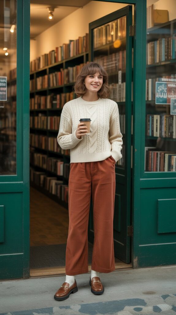25 Casual Winter Outfits for Women That Are Cute and Comfy 7 Cable Knit Sweater with Corduroy Pants and Loafers