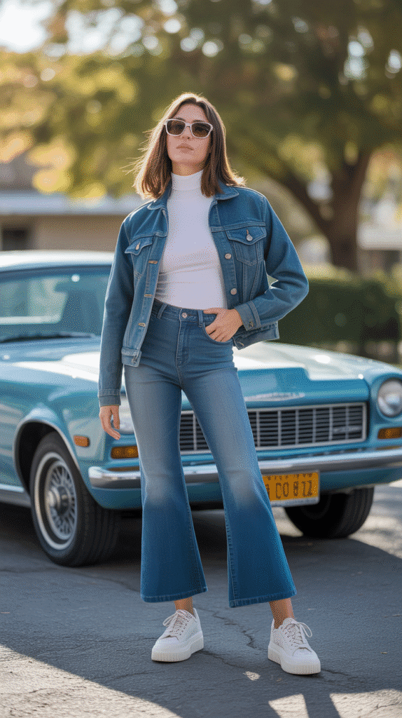 32 Casual Fall Outfits for Women with Jeans 27 Cropped Flare Jeans with Platform Sneakers