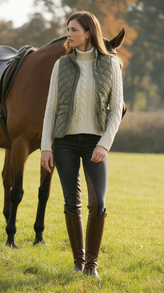 32 Casual Fall Outfits for Women with Jeans 29 Jeans with Cable Knit Sweater and Riding Boots