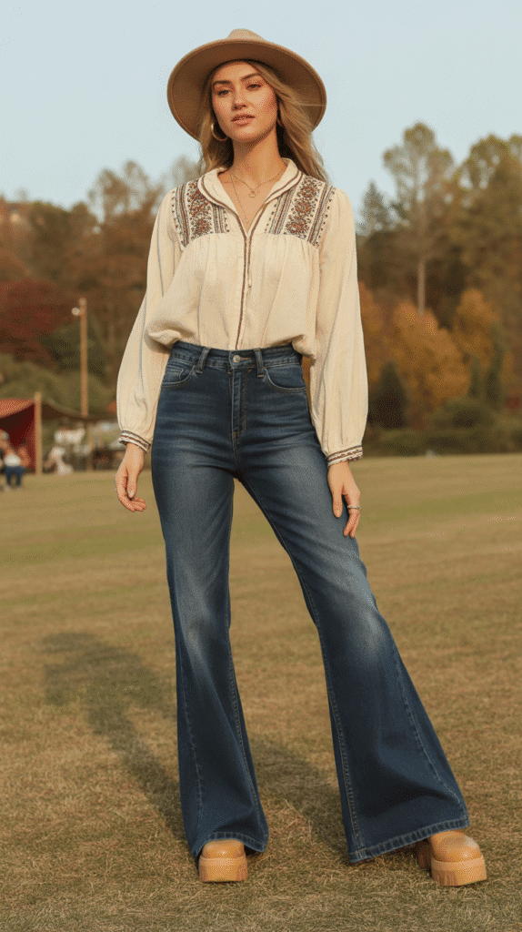 32 Casual Fall Outfits for Women with Jeans 9 Flared Jeans with Bohemian Blouse