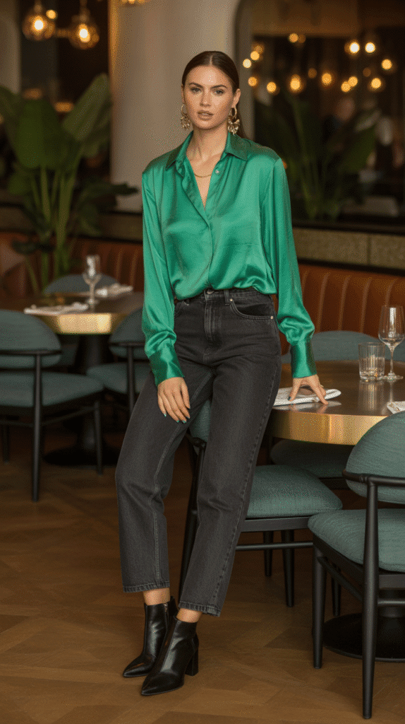 32 Casual Fall Outfits for Women with Jeans 31 Dark Jeans with Silk Blouse and Ankle Boots