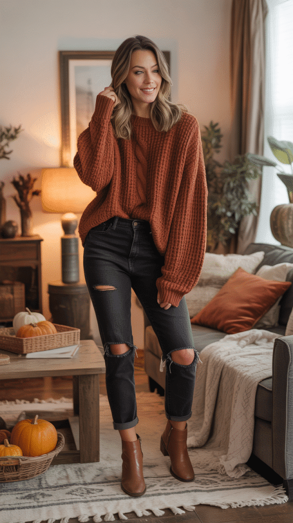 32 Casual Fall Outfits for Women with Jeans 13 Ripped Jeans with Cozy Knit Sweater