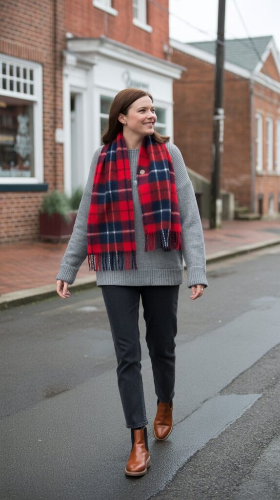 25 Casual Winter Outfits for Women That Are Cute and Comfy 25 Wool Blend Sweater with Plaid Scarf, Dark Jeans, and Chelsea Boots