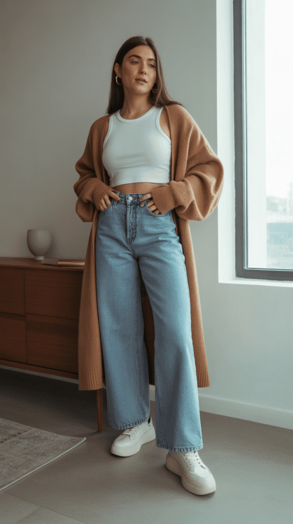 32 Casual Fall Outfits for Women with Jeans 17 Wide-Leg Jeans with Fitted Crop Top and Cardigan