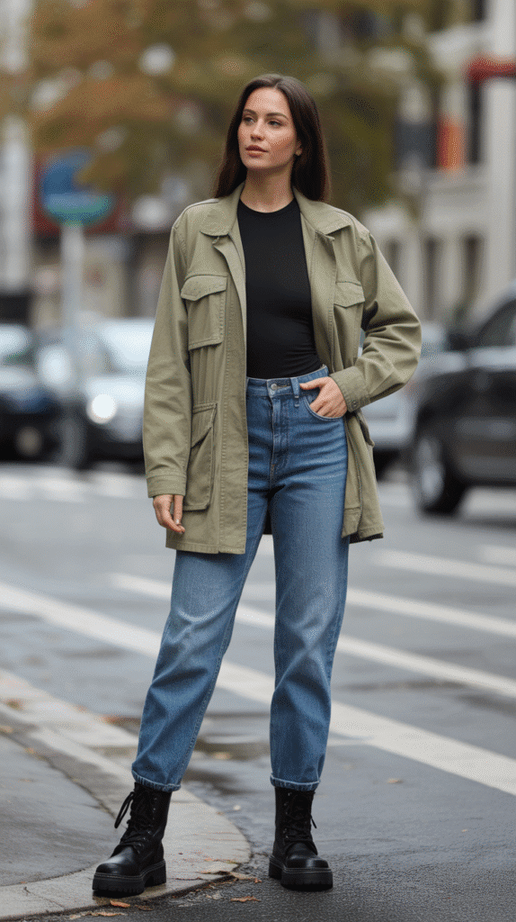 Utility Jacket with Bodysuit and Jeans