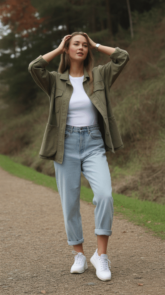 32 Casual Fall Outfits for Women with Jeans 23 Boyfriend Jeans with White Tee and Utility Jacket