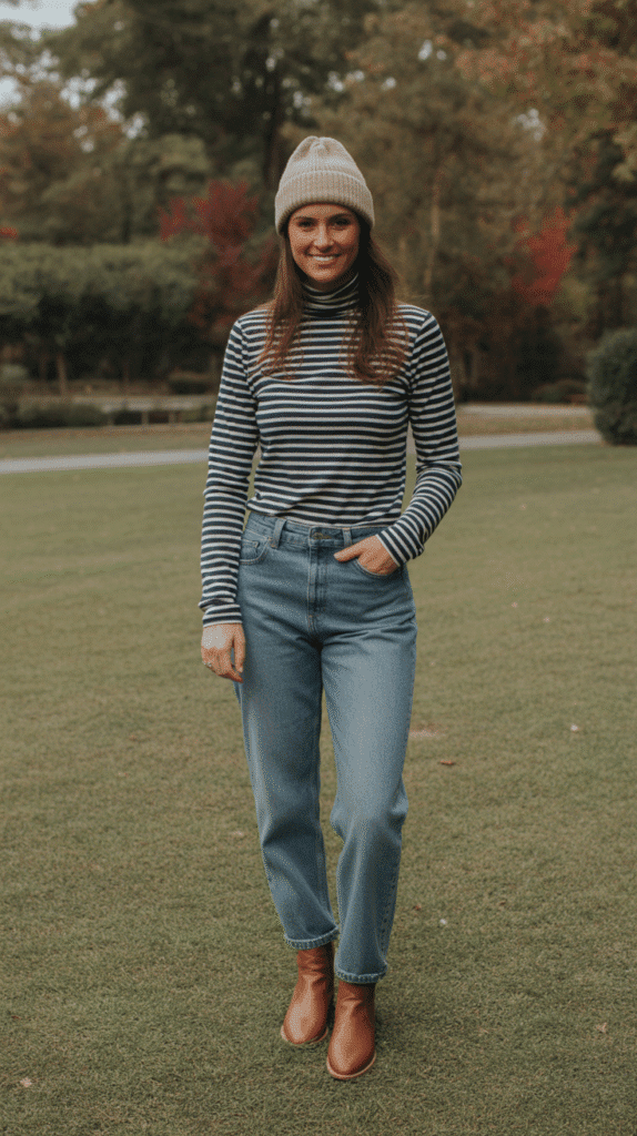 32 Casual Fall Outfits for Women with Jeans 25 Jeans with Striped Turtleneck and Beanie