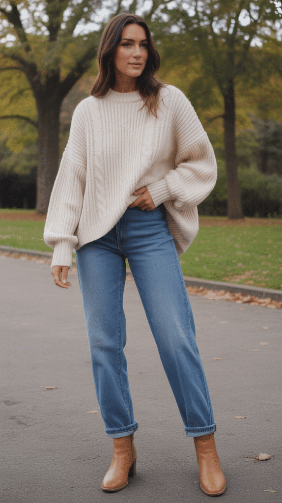 32 Casual Fall Outfits for Women with Jeans 1 Classic Blue Jeans with Oversized Cream Sweater