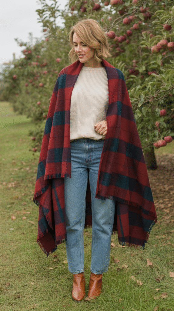 32 Casual Fall Outfits for Women with Jeans 15 Straight-Leg Jeans with Plaid Scarf and Neutral Top