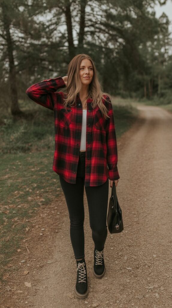 33 Trendy Casual Fall Outfits for Women with Leggings 5 Plaid Shirt and Leggings