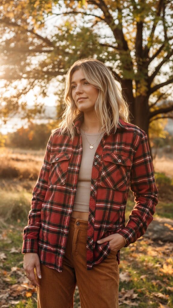 32 Casual Night-Out Fall Outfits for Women 11 Flannel Shirt with Corduroy Pants