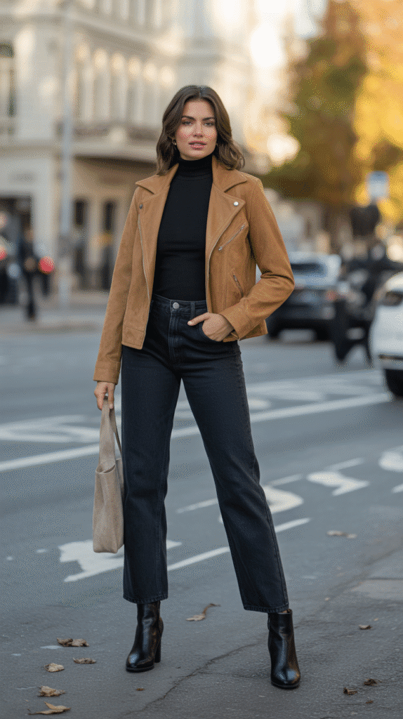 Suede Jacket with Turtleneck and Jeans