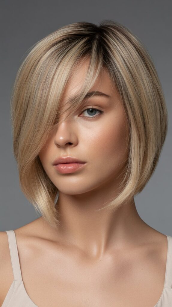 26 Flattering Angled Bob Haircuts Round Faces 6 . Angled Bob with Side-Swept Bangs