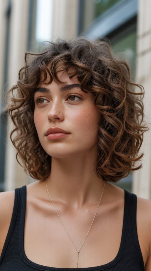 Curly Long Bob with Curly Curtain Bangs