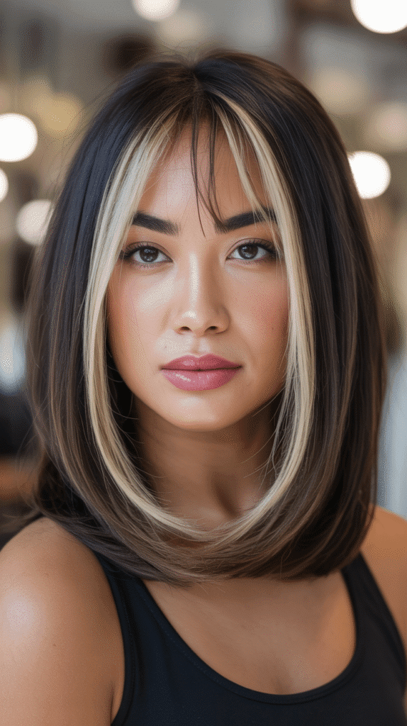 Long Bob with Curtain Bangs and Money Pieces