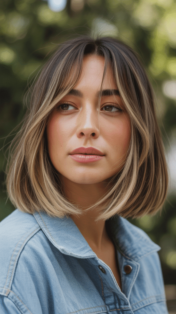 Long Bob with Curtain Bangs and Lived-In Color