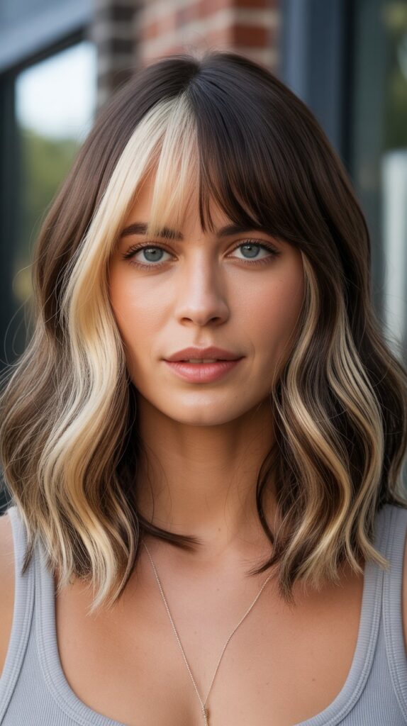 Long Bob with Curtain Bangs and Money Pieces