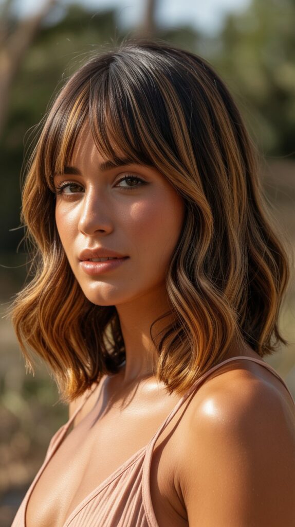 Long Bob with Curtain Bangs and Caramel Highlights