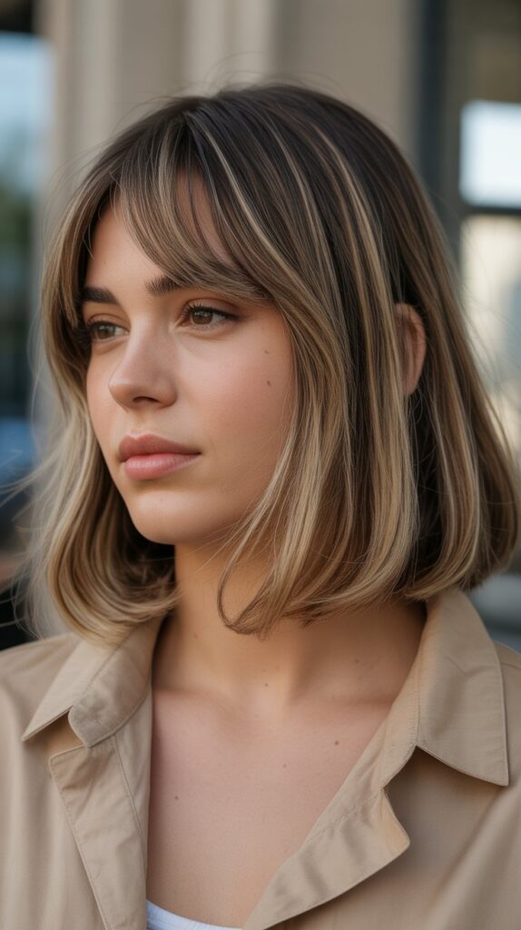 Long Bob with Curtain Bangs and Babylights