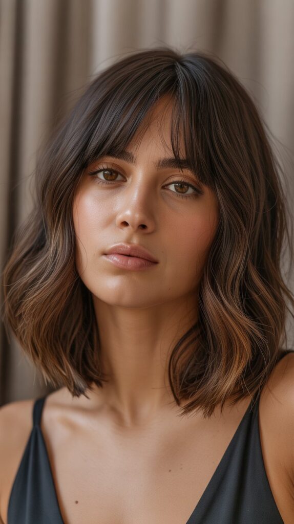  Long Bob with Curtain Bangs and Dimensional Brunette