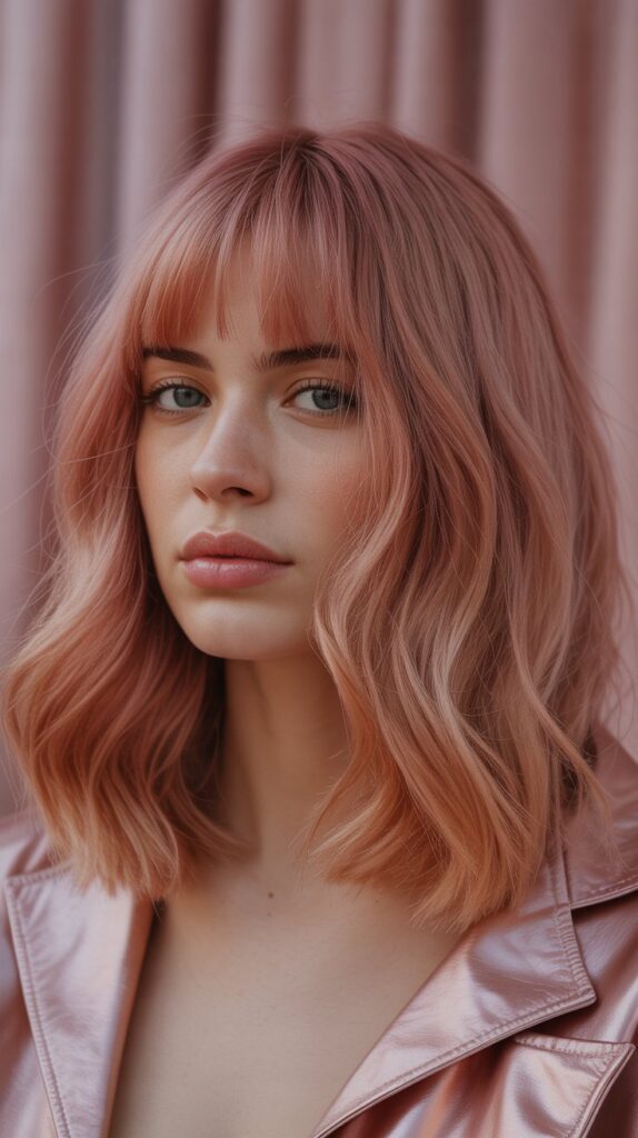 Long Bob with Curtain Bangs and Rose Gold Tones