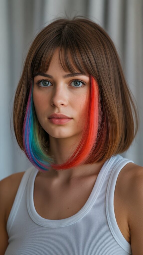 Long Bob with Curtain Bangs and Hidden Rainbow Layers