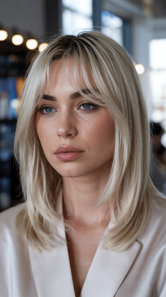 Long Bob with Curtain Bangs and Platinum Color