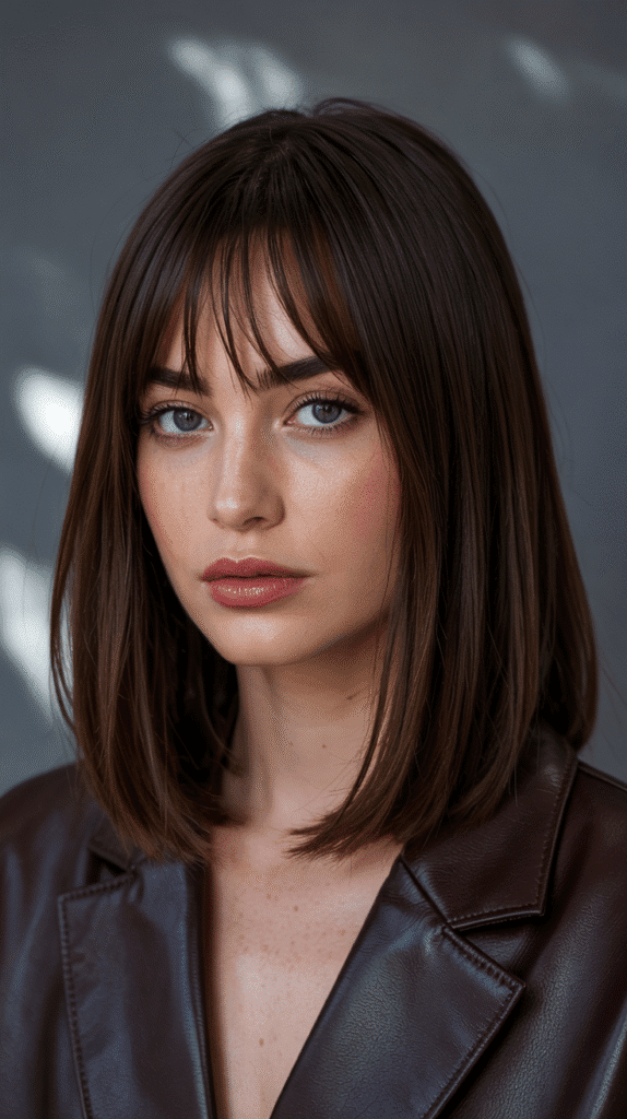  Long Bob with Curtain Bangs and Chocolate Brown Color