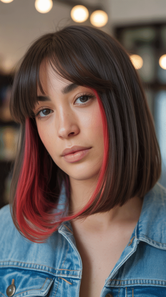 Long Bob with Curtain Bangs and Peek-a-Boo Highlights