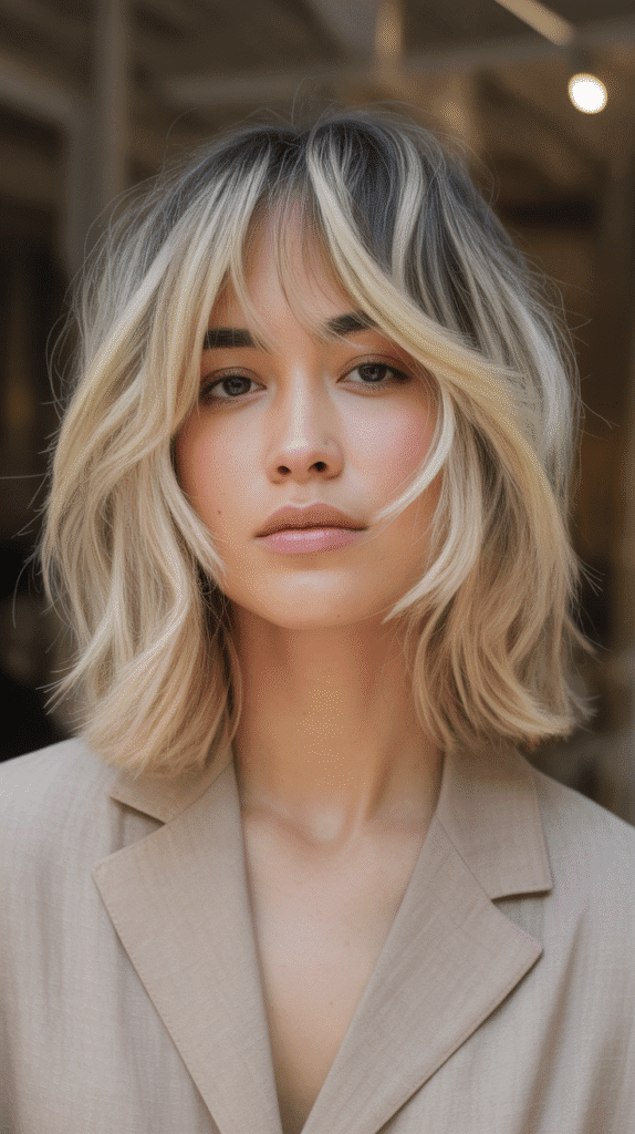 Long Bob with Curtain Bangs and Messy Texture