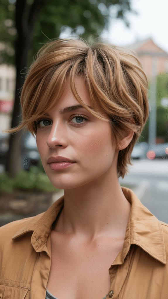 Top 30 Feminine Short Hair for Round Faces 12 Tousled Pixie with Long Bangs