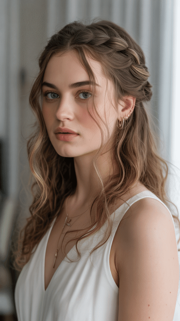 30 Simple and Stylish Greasy Hair Hairstyles 22 woman with twisted half up hairstyle rem pl9S2q4eSJOmWqfe3 ft2Q mgP1toFcQtSEySyuX8D1 A 1