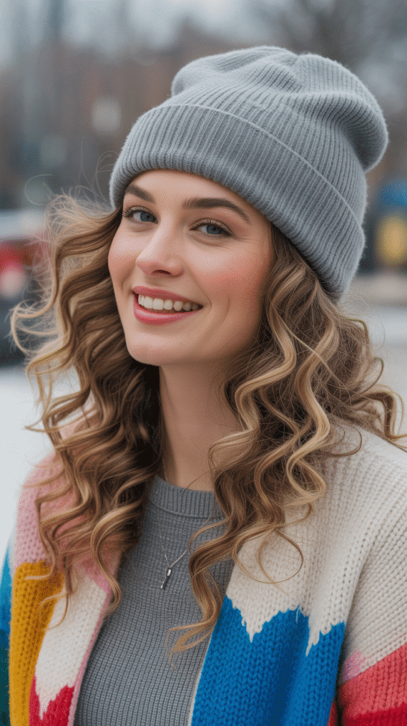 33 Cozy Cute Winter Hairstyles with Beanies 8 Crimped Hair with Slouchy Beanie
