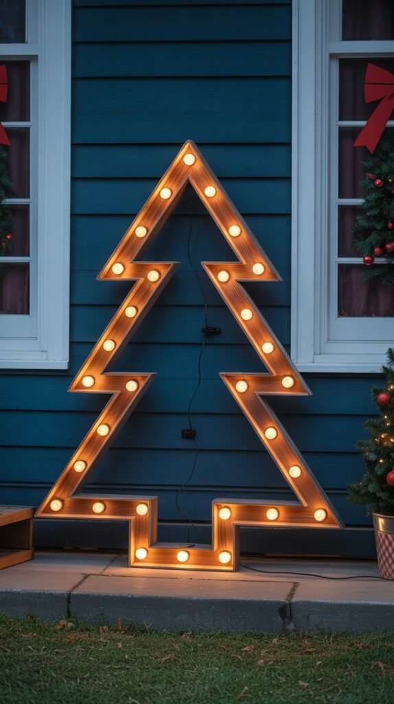 36 Wooden Christmas Trees for Your Front Porch Décor 22 Marquee Light Wooden Trees