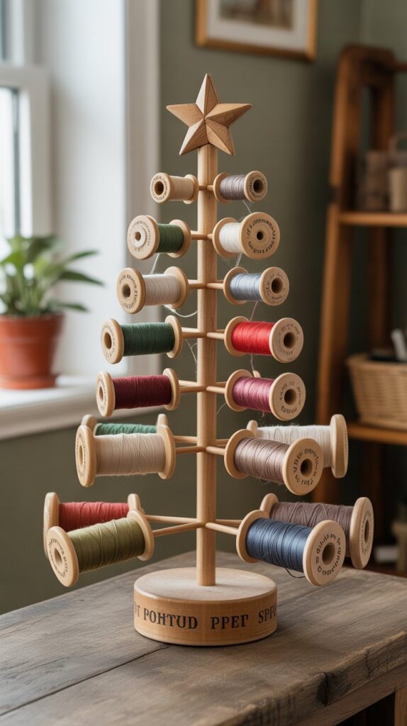 Best 30 Beautiful Wooden Christmas Trees to Try This Year 23 Wooden Spool and Dowel Tree