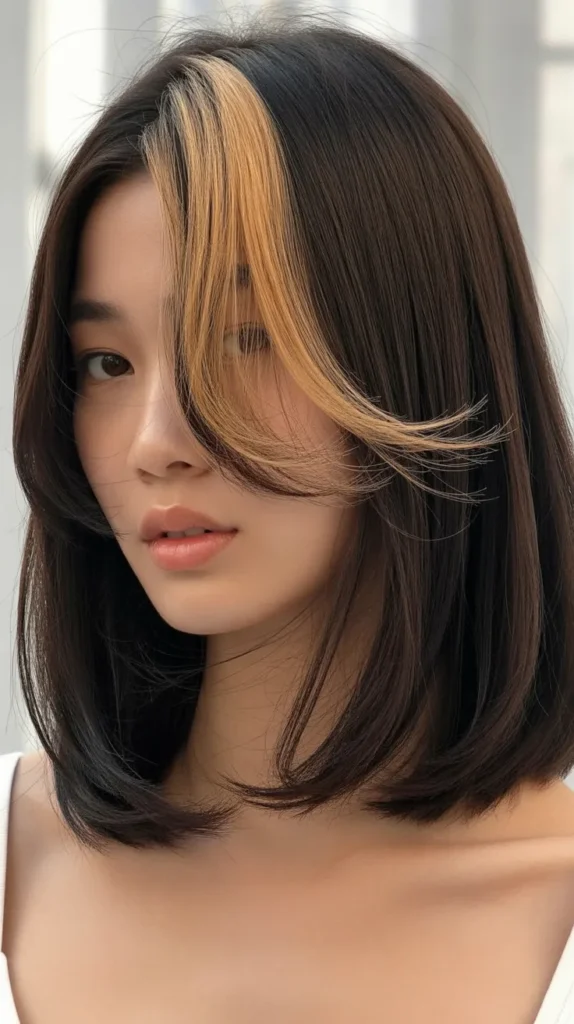 Long Bob with Curtain Bangs and Money Piece Highlights